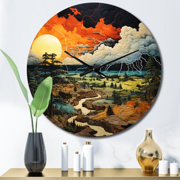 Designart "Dancing with Electric Lightning II" Landscapes Oversized Wall Clock