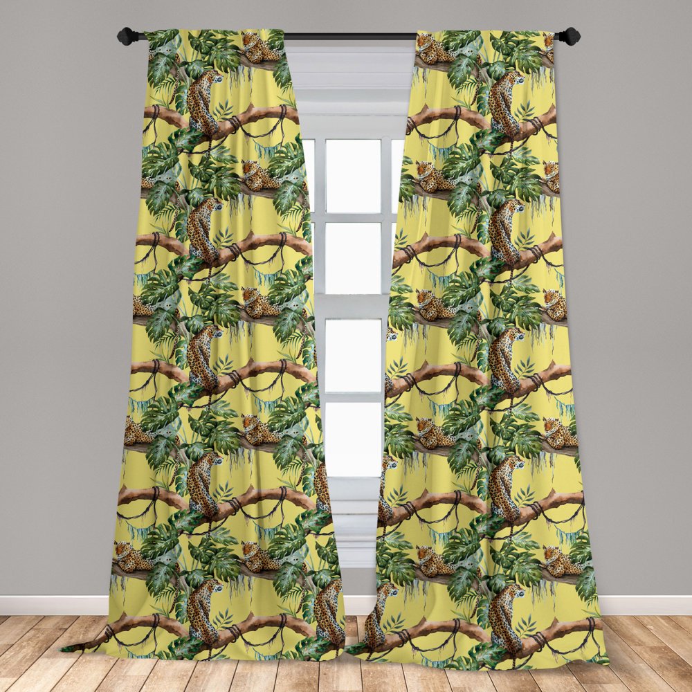 Watercolor Curtains 2 Panels Set, Leopards in the Jungle Tropical Scene