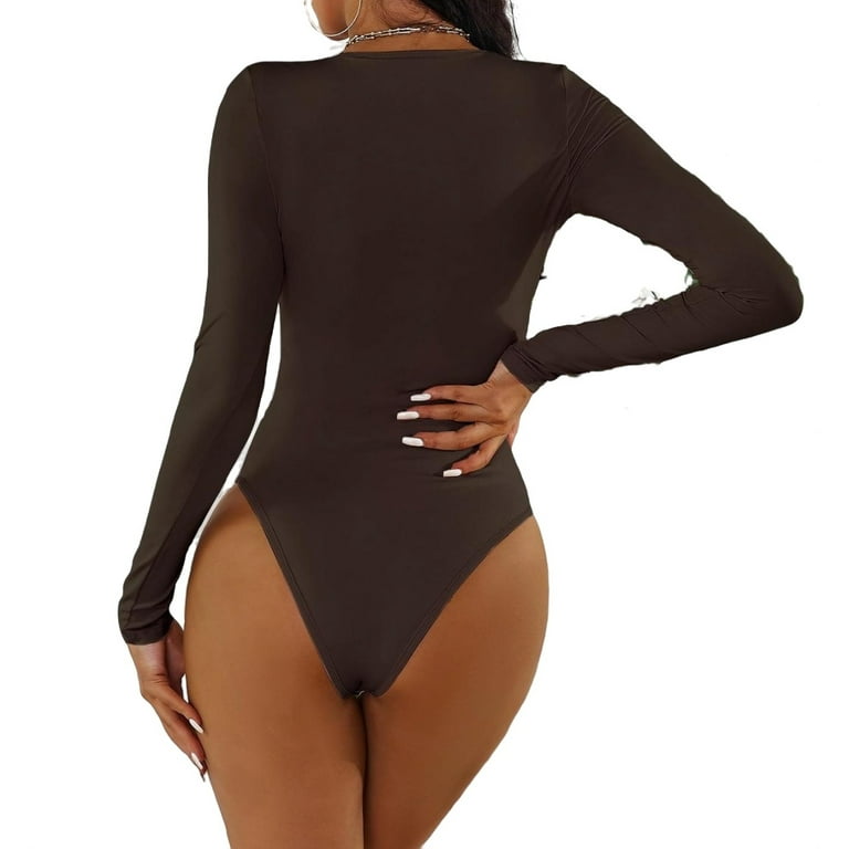 Chocolate Brown Solid Rib-Knit Casual Bodysuits Women's Two-piece Outfits