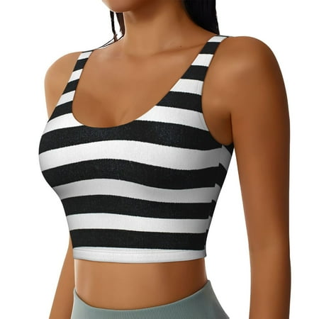 JUNZAN Black And White Stripes Print Women s Workout Tank Tops - U Back Fitness Top with Built-In Shelf Bra  Perfect for Yoga and Gym-Large