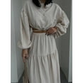 thumbnail image 4 of Women Skirt Set, Long Sleeve Tie-up Crop Top with Pleated Long Slit Skirt Fall Outfit, 4 of 5