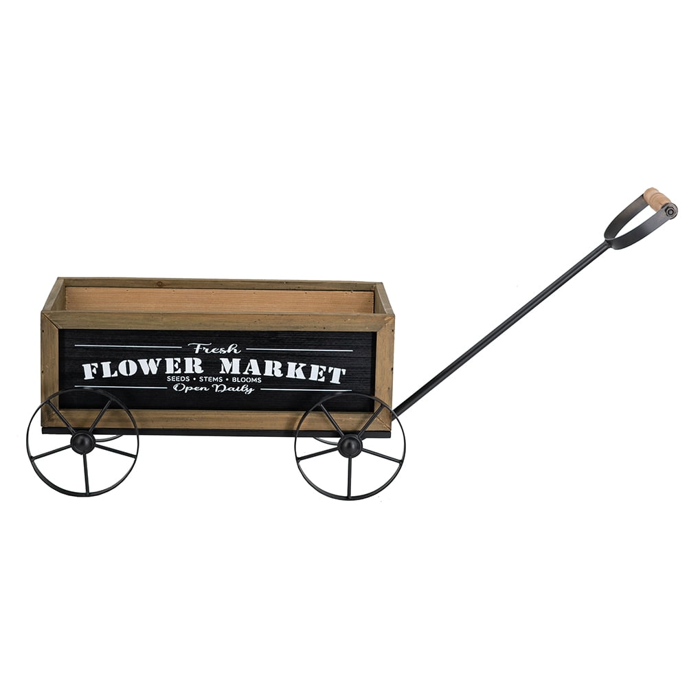 Farmhouse Flower Market Wagon Planter 16.5x9.5x8 Inch Black Metal Wheels for Tabletop Kitchen Counter
