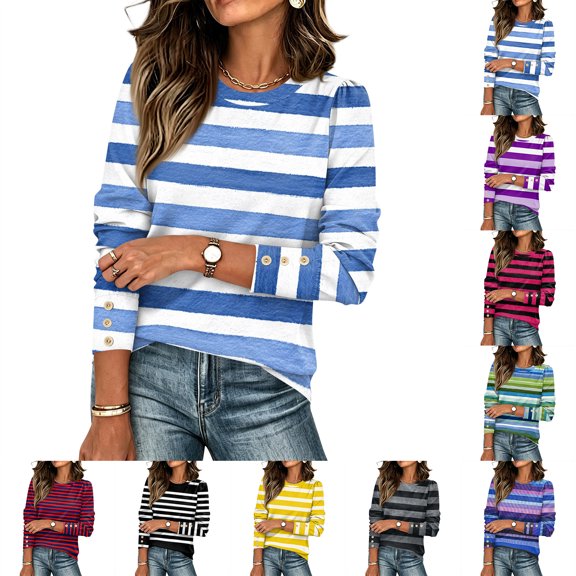 Stralyhd Womens Striped Long Sleeve Shirts Fall Outfits Trendy Crewneck Button Cuffs Tops Puff Sleeve Fashion Clothing White M