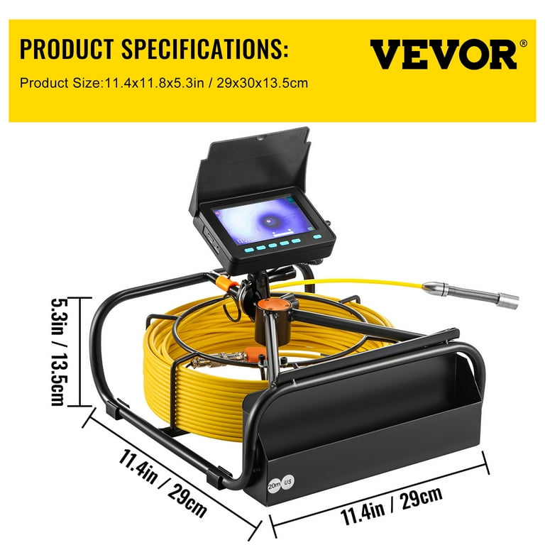 VEVOR Sewer Camera 20m/65.6ft, 4.3 in TFT LCD Monitor Screen Pipeline Inspection Camera with DVR Function,Waterproof IP68 Pipe Camera ,6pcs LEDs