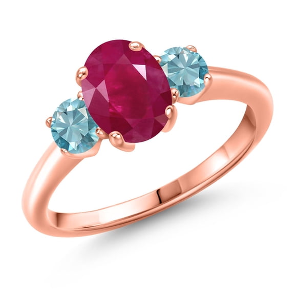 Gem Stone King 2.60 Ct Oval Red Ruby Blue Zircon 18K Rose Gold Plated Silver Ring (Size 8)