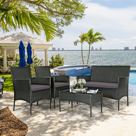 Gymax 4PCS Rattan Furniture Set Cushioned Sofa Coffee Table Backyard Porch Patio Grey