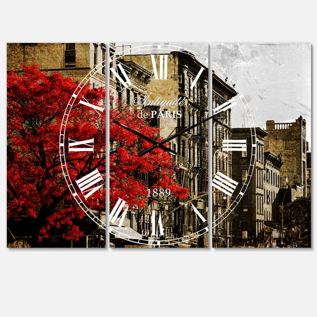 DesignArt Horloge Murale Grande Arbre Rouge sur Rue de New York Noir et Blanc