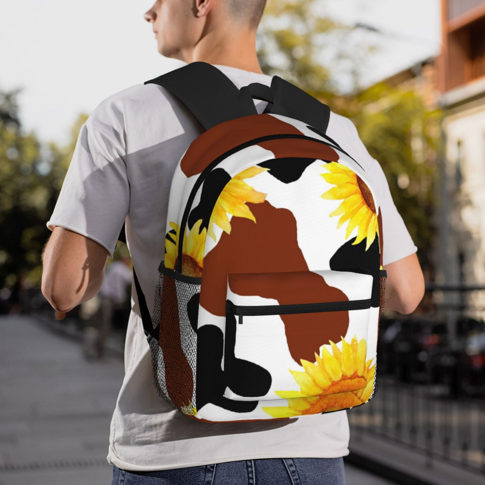 Vsdgher Sunflower Cow Print Unisex Large Capacity Bookbag Schoolbag Casual Daypack for High School/College/Teens/Travel/Work