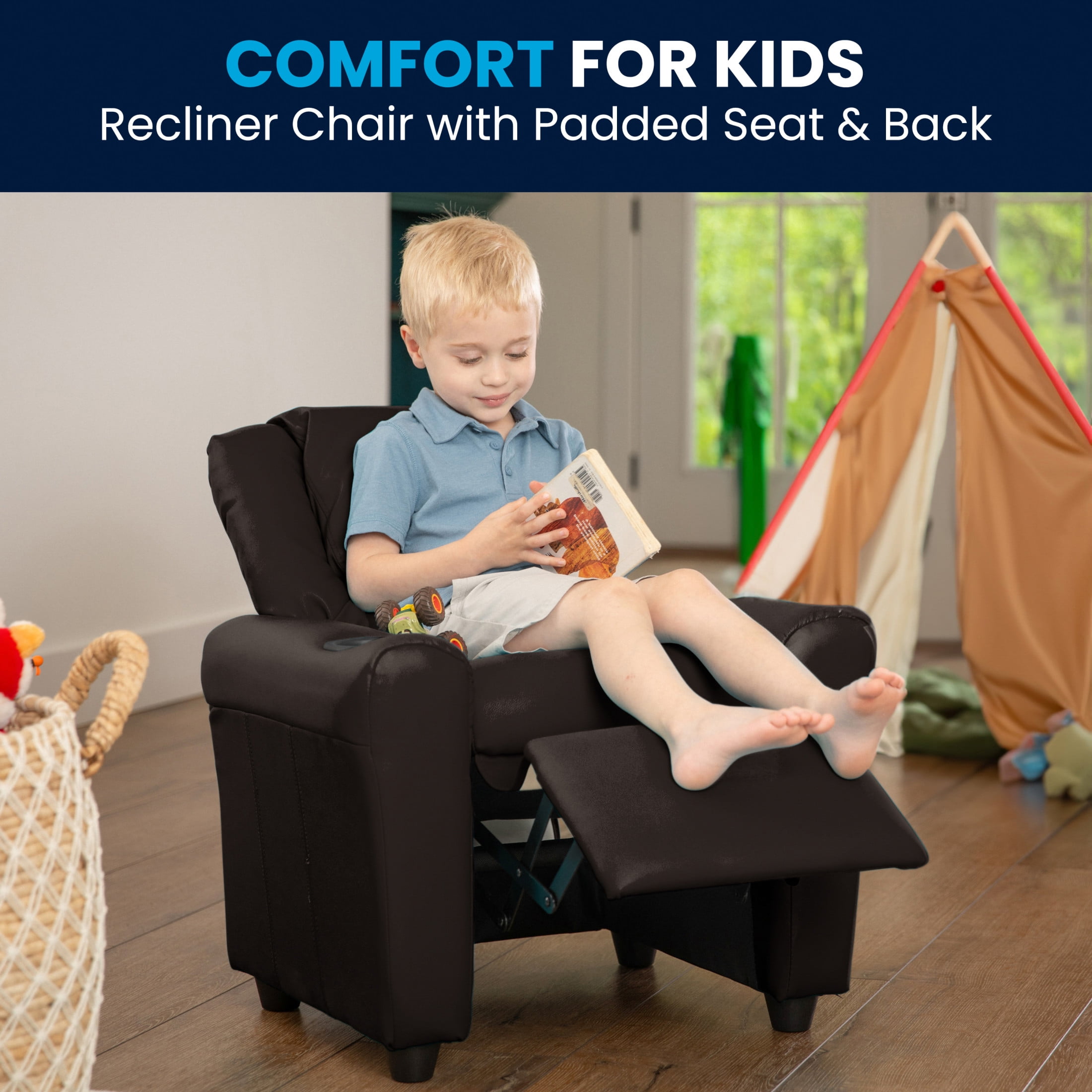 Flash Furniture Vinyl LeatherSoft Kids Recliner with Cup Holder, Headrest, and Footrest, Brown