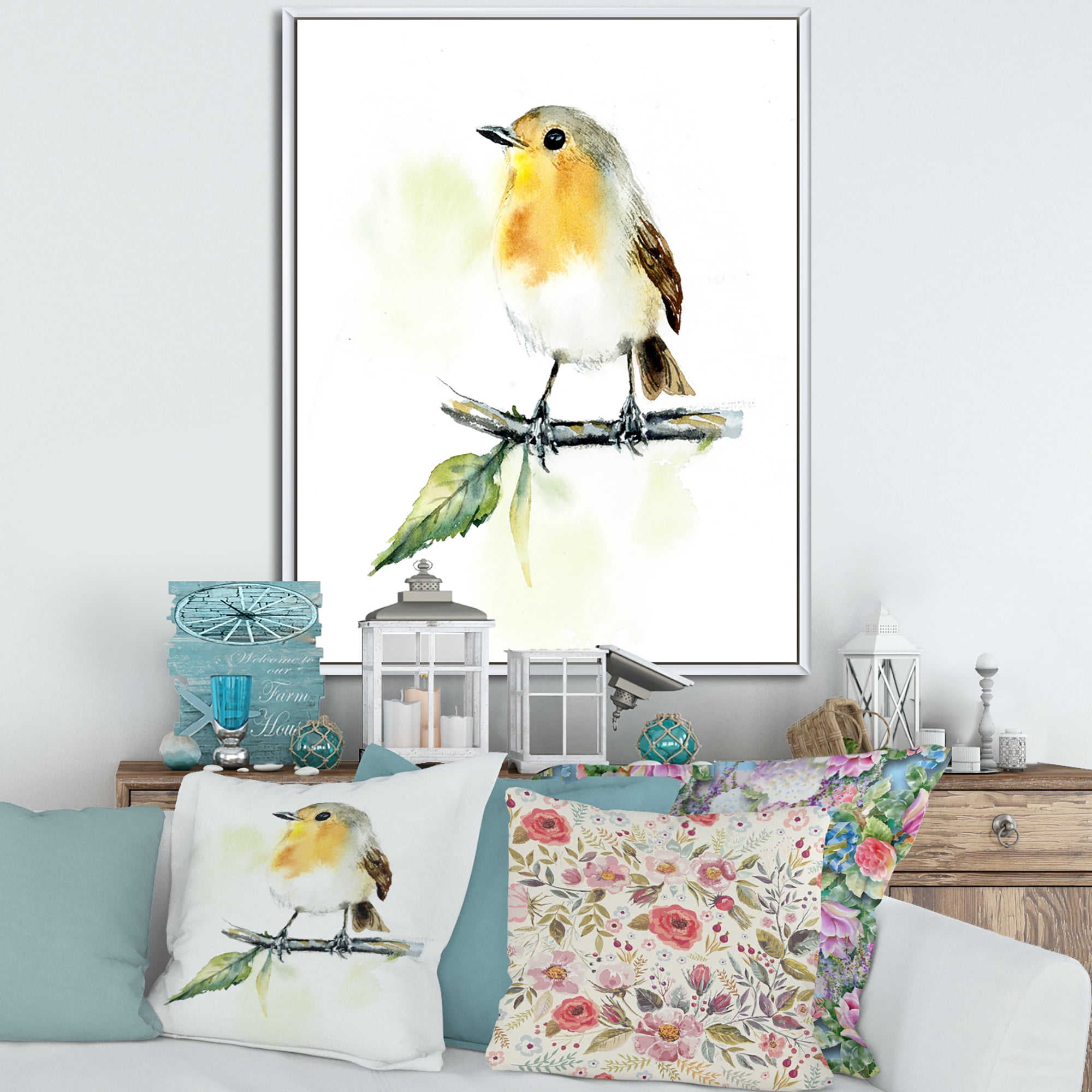Designart 'Little Robin Bird Sitting On A Branch' Traditional Framed Canvas Wall Art Print