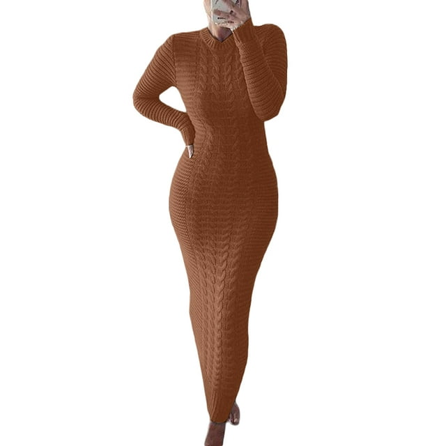 VISgogo Vestido de Punto de Manga Larga para Mujer, Patrón de Ganchillo Color sólido Acanalado Cuello Redondo Casual Fiesta de Club Largo de una Pieza VISgogo moda