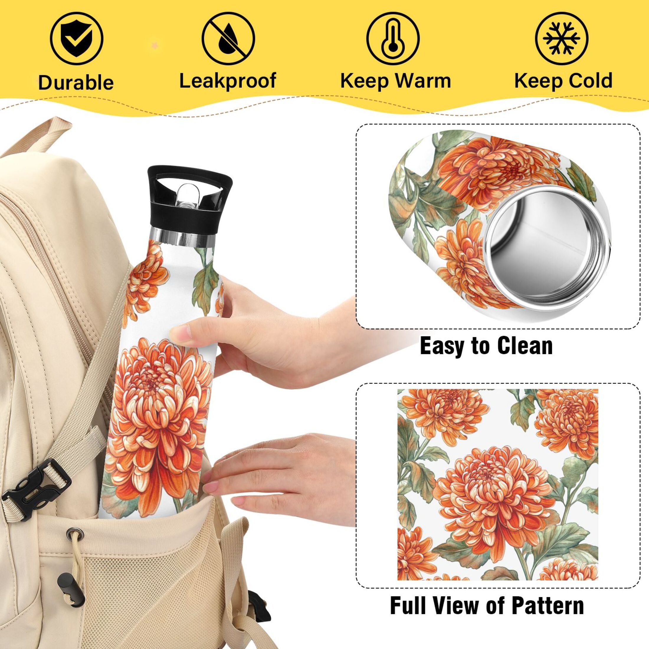 600ML Stainless Steel Insulated Cup Sports Water Bottle Portable Thermos Cup Water Glasses Insulated Tumblers Convenient and Durable Red Chrysanthemums