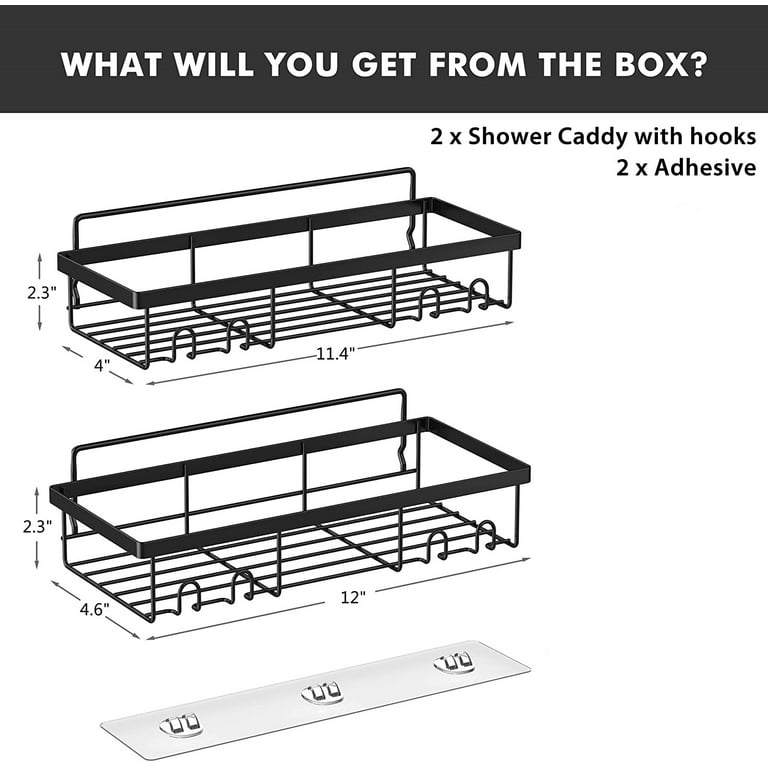 Black Shower Caddy Shelves Organizer with 4 Hooks, Self Adhesive