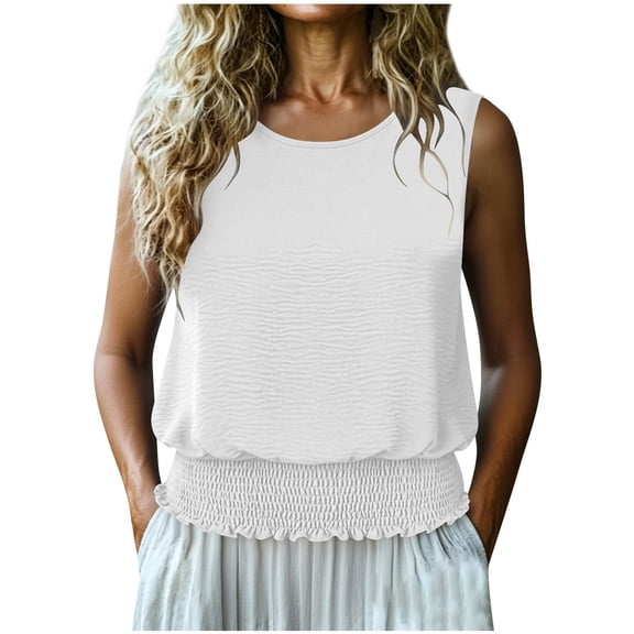 XuJwPNcy Womens Tank Tops Sleeveless Smocked T-Shirts Round Neck Trendy Tee Shirt Summer Casual Basic Clothes for Women