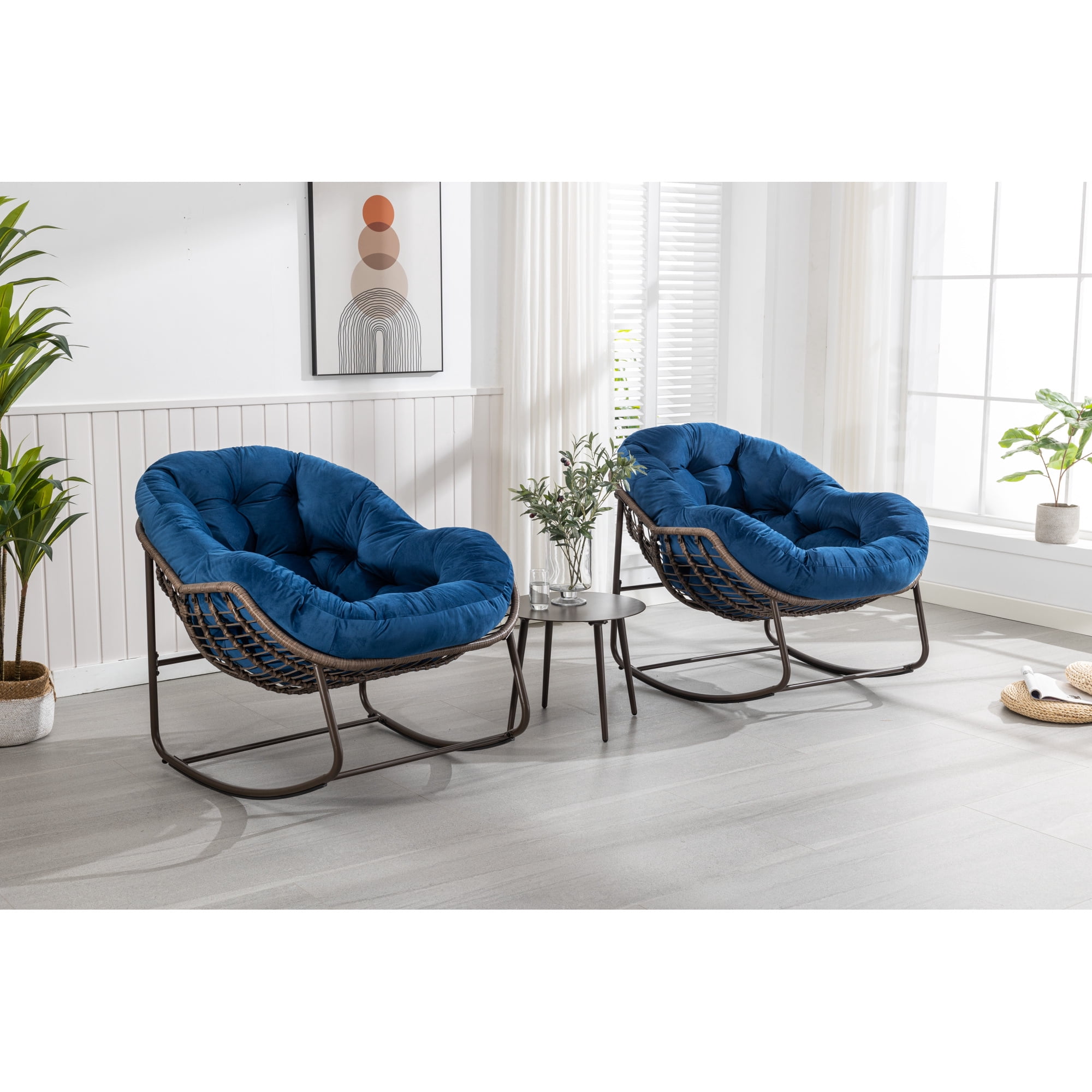 Leumius Outdoor Rattan Rocking Chair, Padded Cushion Rocker Recliner Chair Outdoor for Front Porch Living Room Patio Garden, Navy Blue