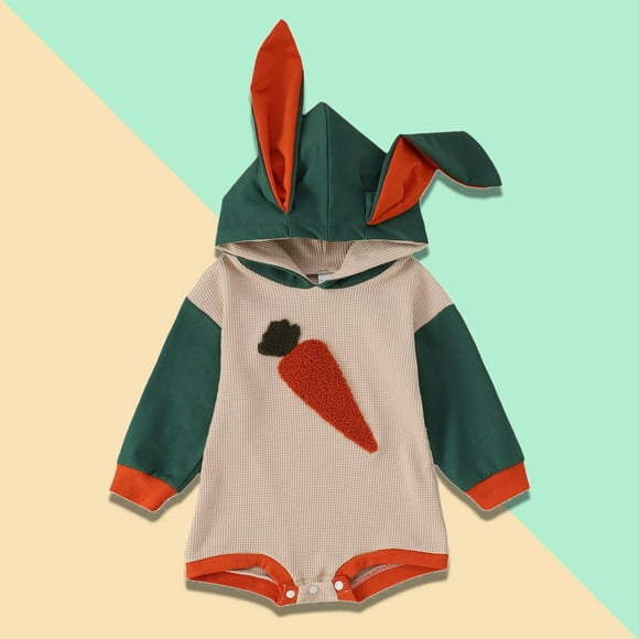 Toddler Boy Easter Outfit Carrot Embroidery Color Block Bunny Ear Hooded Bodysuit Onesie Easter Outfit Toddler Girl 3-6 Months