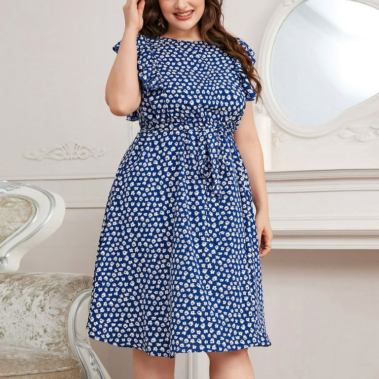 Casual Dresses Clearance Short Sleeve Round-Neck Pattern Crew Dresses for Women Plus Size Daily Below the Knee dress,Blue,4XL - Walmart.com