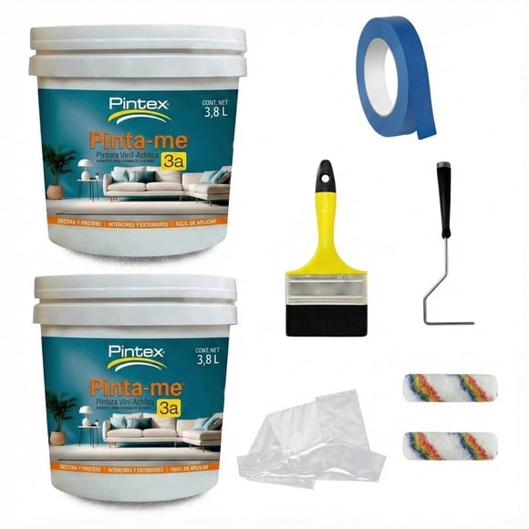 PINTEX Kit Pinta-me 2 Galones Pintura Vinil-Acrílica 3.8 L c/u | Incluye Brocha, Rodillo, Felpas, Masking Tape y Plastiprotector | Acabado Mate | Interiores y Exteriores | Blanco