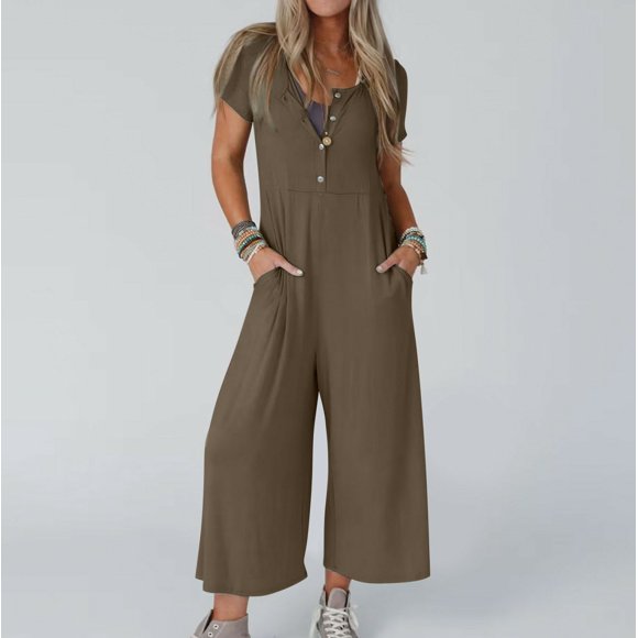 Aboser Women's Wide Leg Overalls Casual Capri Jumpsuit with Pockets Loose Short Sleeve Rompers Comfy Button Down Jumpsuits