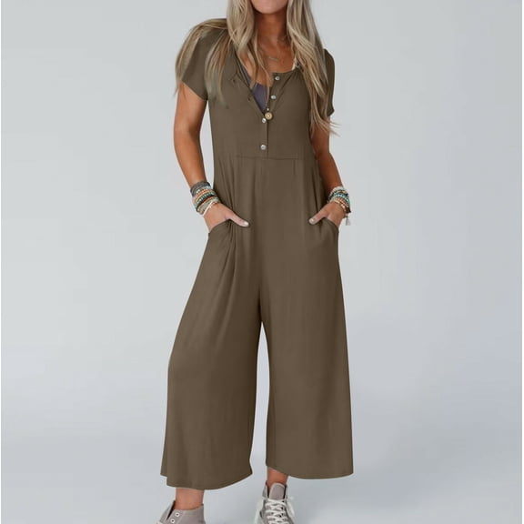 BRGZLK Women's Summer Jumpsuits Trendy Solid Color Short Sleeved Casual Wide Leg One Piece Romper Outfits With Button Pockets Coffee M