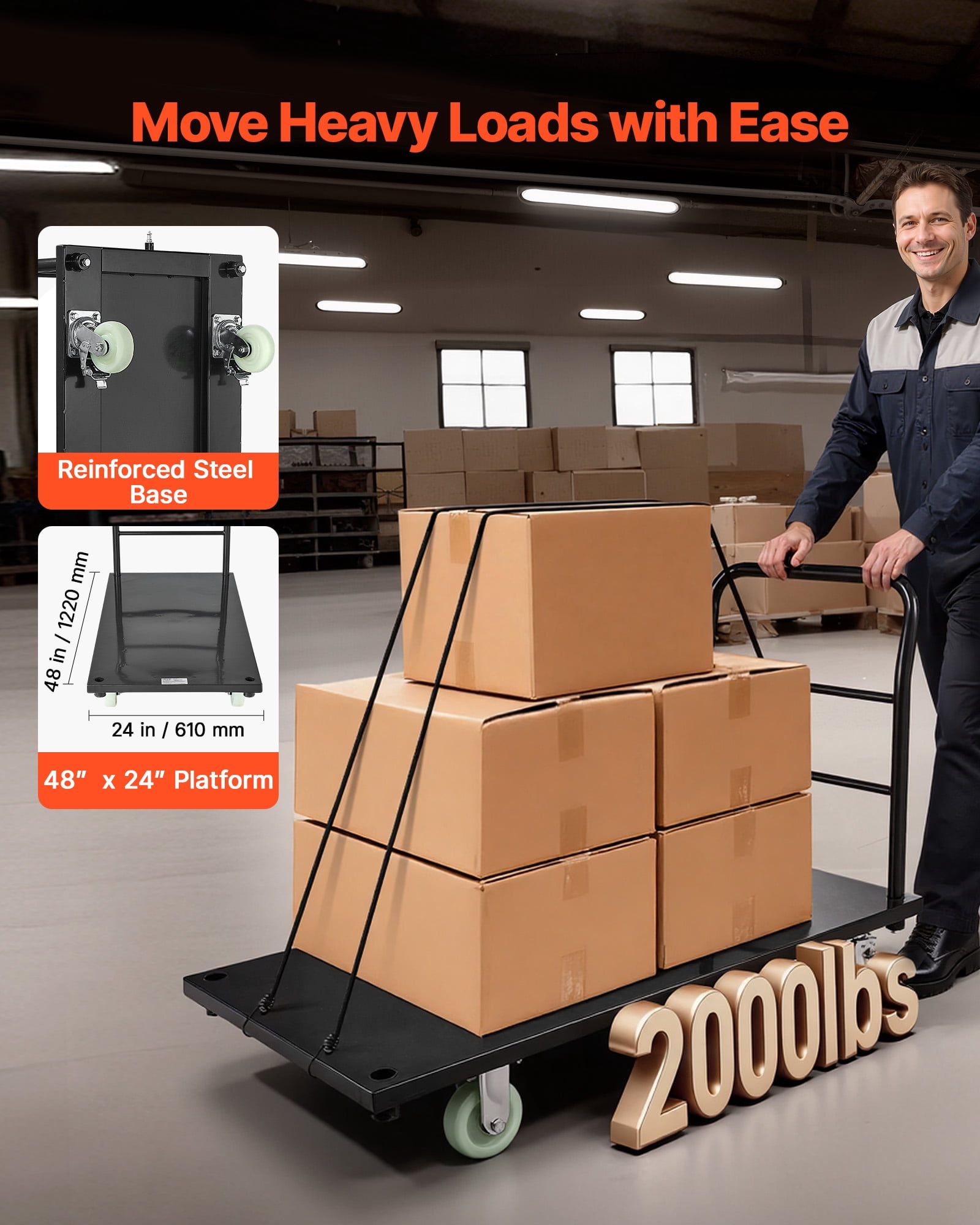 VEVOR Heavy Duty Platform Truck, 2000 lbs Capacity, Industrial Steel Flatbed Cart with Swivel Wheels and Handle, Platform Hand Push Truck Dolly, Easy Storage, for Luggage Moving, 48 x 24 x 32.1 in