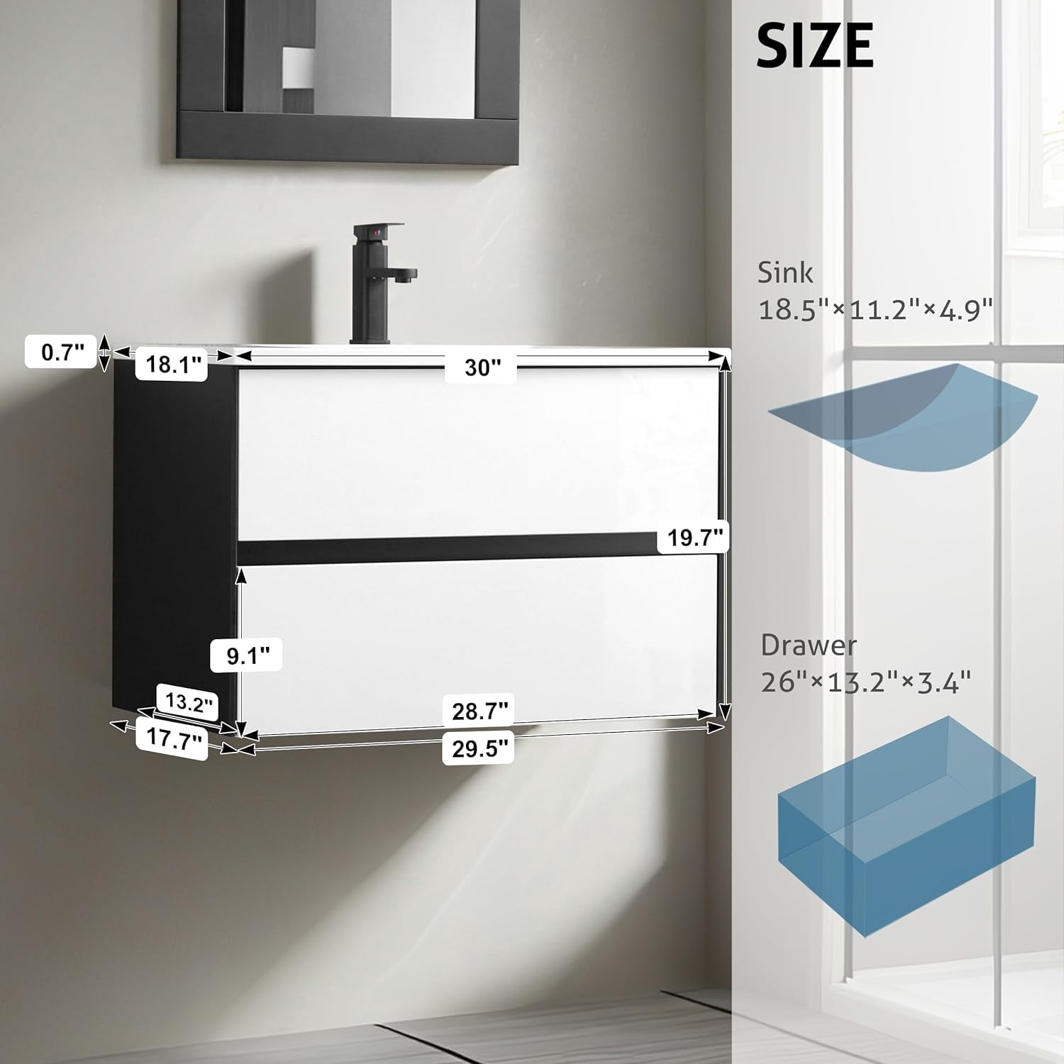 Eclife 30" Bathroom Vanity Cabinet with Undermount Ceramic Sink, 2 Big Drawers, Matte Black Faucet