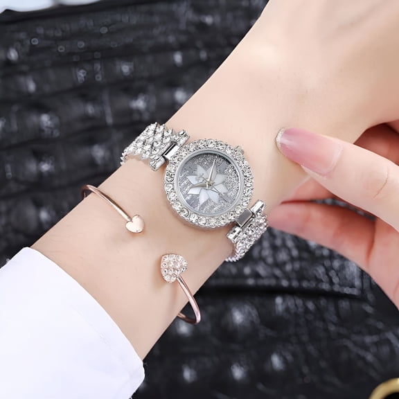 DESIGNICE 1Set Fashionable Dress Watches for Women Silver Round Alloy Wrist Watch with Adjustable Strap