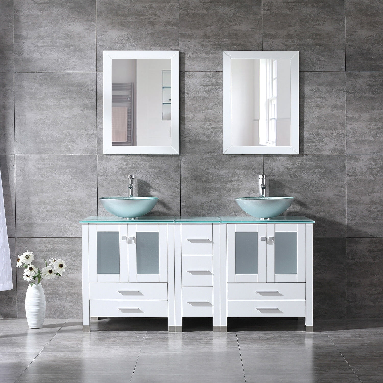 60" Bathroom Vanity White w/ Modern Double Sink Faucet