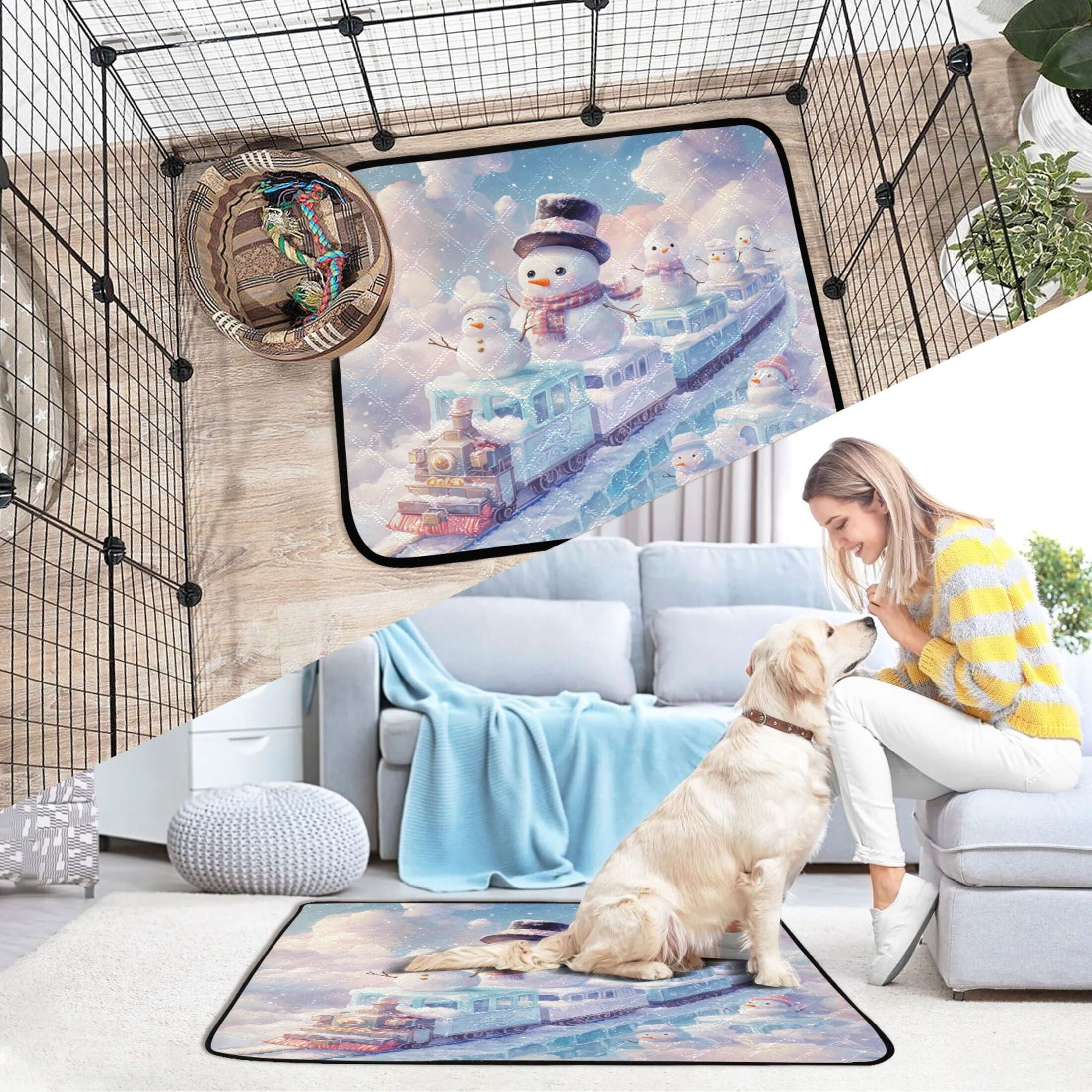 Qxltty Snowman Train Cat litter Pads Pet Set of 3 Diaper Mats Center Anti-leakage Layer Absorbent Soft and Comfortable