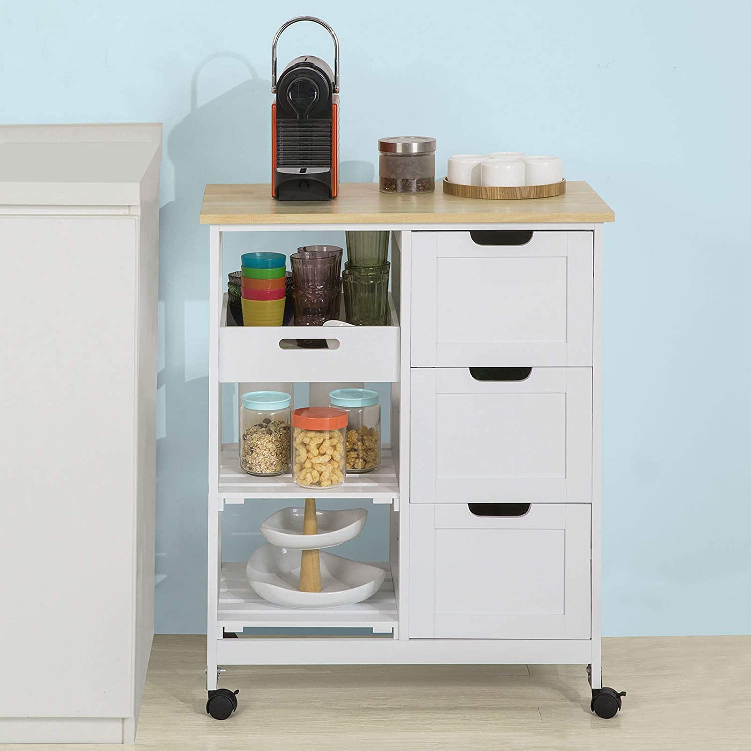 SoBuy SVW07-SCH Chariot de Bar Desserte /à roulettes Chariot de Service Cuisine Commode Roulant avec Plateau Repas Amovible