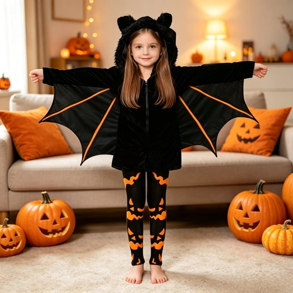 Bat Outfit for Girls Hooded Full Zipper Jacket with Wings Printed Leggings for Halloween Party