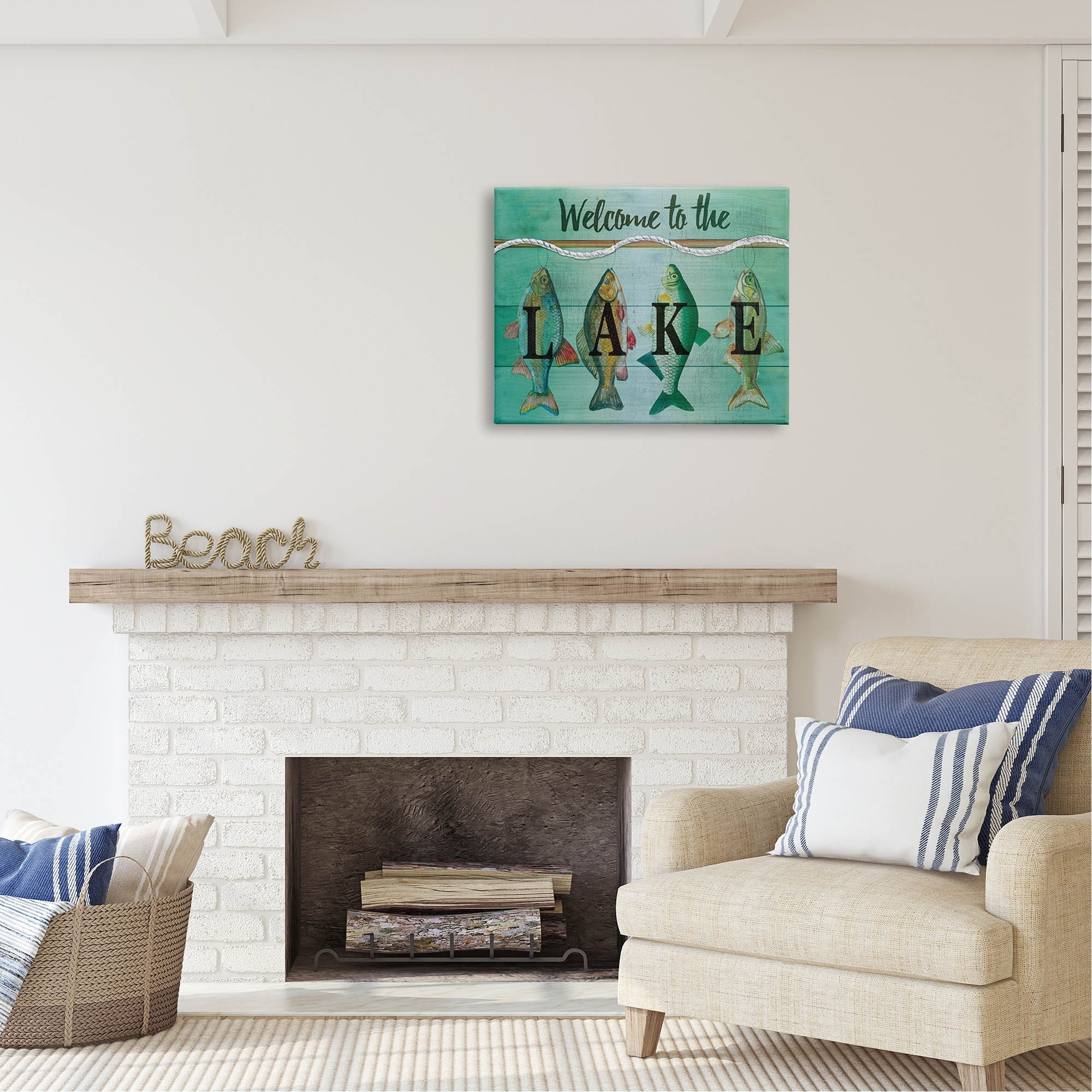 Stupell Industries Welcome To The Lake Fishing Rope Coastal Painting Gallery Wrapped Canvas Print Wall Art