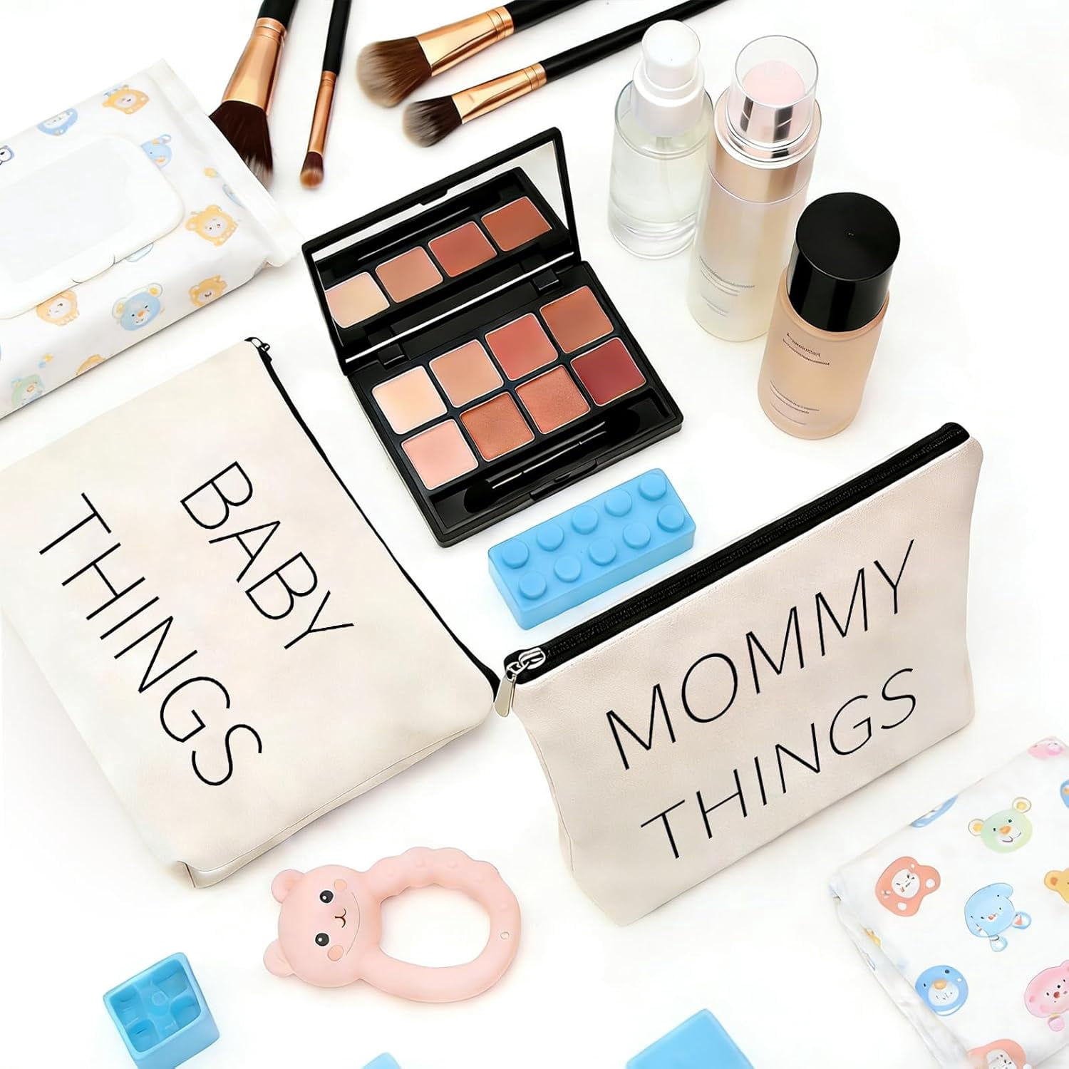 Mommy and Baby Canvas Pouch Set – 2pcs Zipper Organizer Bags for Diaper Bag, Travel, Hospital or Nursery Essentials, New Mom Gifts, Baby Shower Gifts for Mom to Be