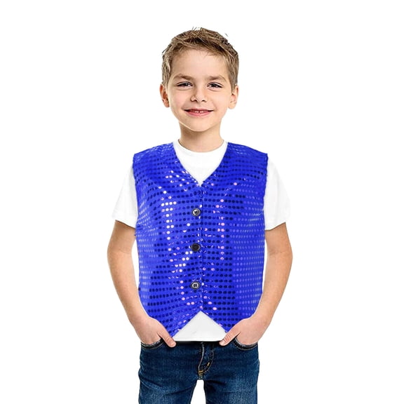 Girls Boys Sequin Vest Sleeveless Shiny Sequins Hop Jazz Dance Waistcoat (Blue 6-7 Years)