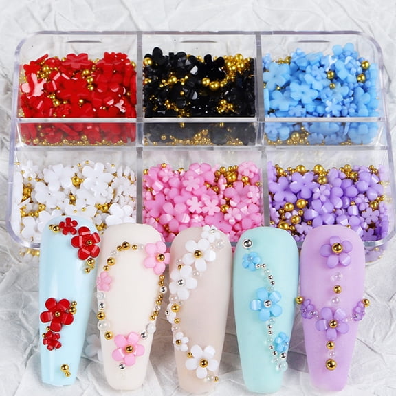 SmartBy 1 Box 3D Flower Nail Art Charm 6 Grids Resin Floral Charms Golden Beads DIY Nail Design Jewelry Crafts Manicure Decoration Accessories