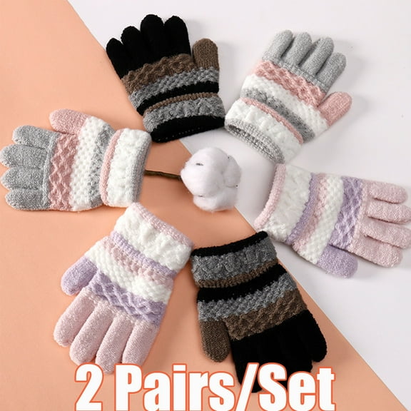 Cheers.US 2 Pairs/Set Kids Winter Gloves Full Finger Knitted Gloves Warm Stretchy Mittens for Boys Girls Striped Full Finger Autumn Winter Thicken Gloves for Student