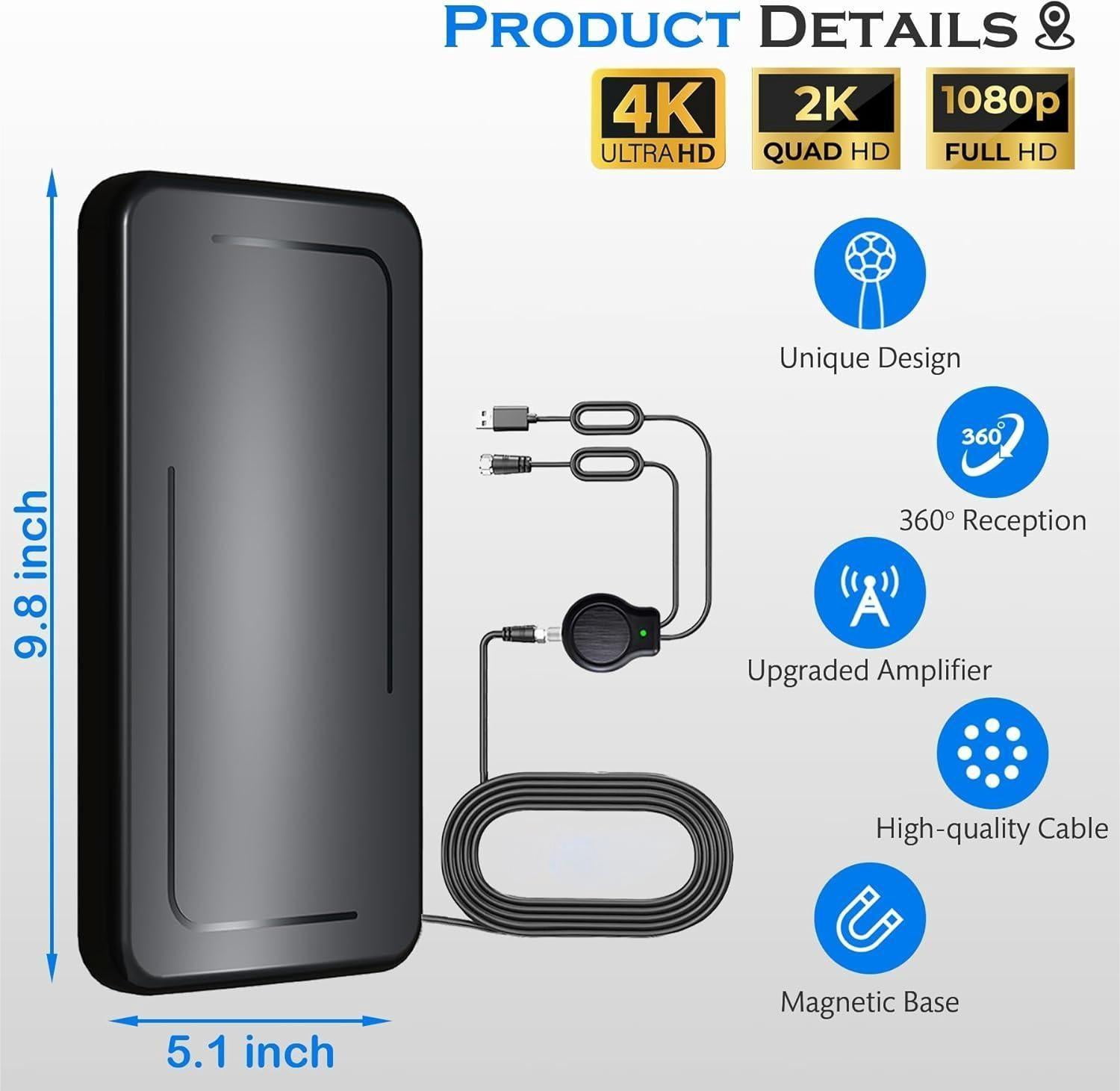 Antenne TV Intérieure Puissante 2025 - Portée 600 Km, Amplificateur Intelligent, Compatible 4K/HDTV - Câble Coaxial 10 M Inclus - 13