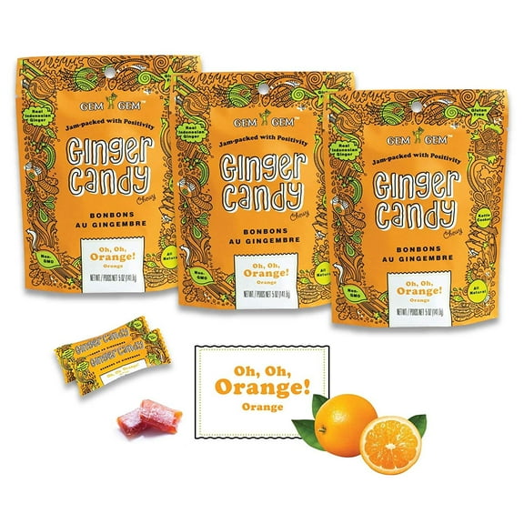 Gem Gem Ginger Candy Chewy Ginger Chews Orange, 5.0oz, Pack of 3
