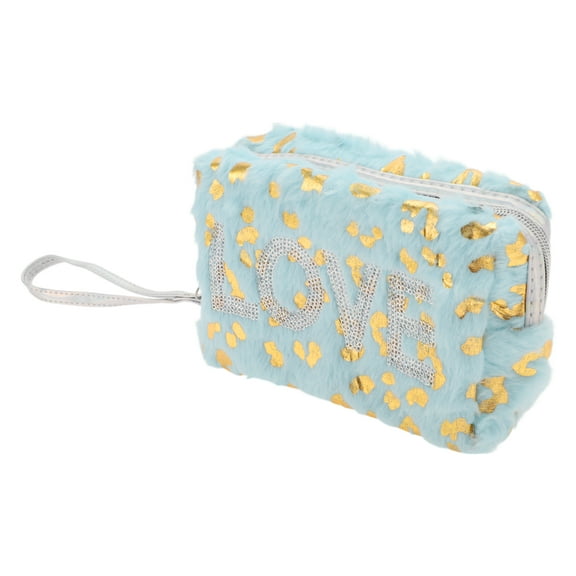 Unique Bargains 1 Pc Women Portable Leopard Sequin LOVE Makeup Bag for Travel Vacation Plush Blue