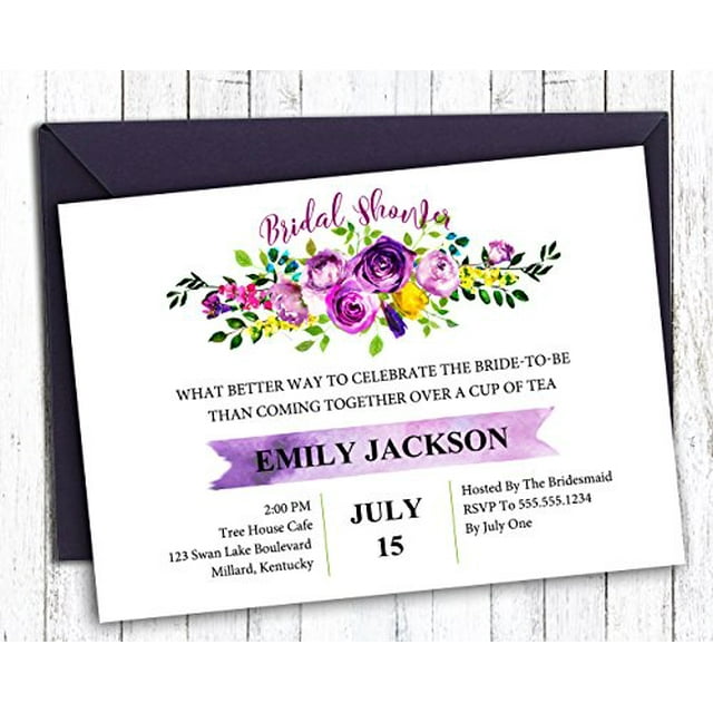 Darling Souvenir Purple Floral Custom Printed Bridal Shower Invitations| Set of 10 Personalized Invites With Envelopes 5 x 7