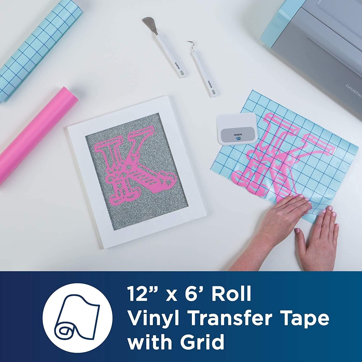Brother ScanNCut Vinyl Transfer Tape with Grid CAVINYLTPG, 12" x 6' Roll, and Adhesive Craft Vinyl Multipack CAVINYLMP, 10 Sheets 12" x 12"