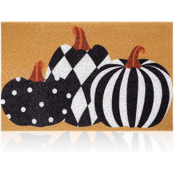 Fall Pumpkin Doormat 31x47 Inch, Imitation Coir Outdoor Welcome Mat Front Porch, Buffalo Check Autumn Thanksgiving Decor Non-slip Entryway Rug