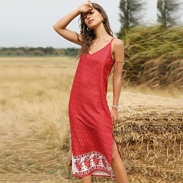 Vestido de estampado floral de verano sexy para mujer Vestido de fiesta bohemio con cuello en V sin Abanopi Rojo/XL