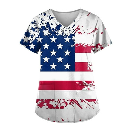 

MELDVDIB Women Nursing Scrub Tops Independence Day Flag Print T Shirt V-Neck Working Uniform Workwear Pocket Tops Gift on Clearance