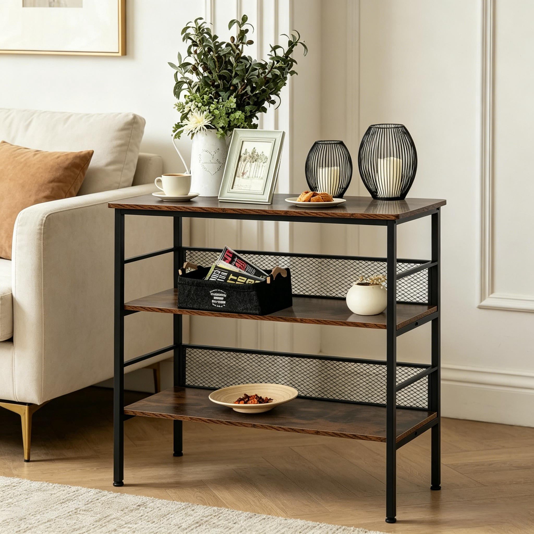 3-Tier Industrial Open Storage Shelving Unit, Brown & Black Standing Display Rack with Anti-Fall Metal Back Panels, Adjustable Feet Organizer for Living Room Study