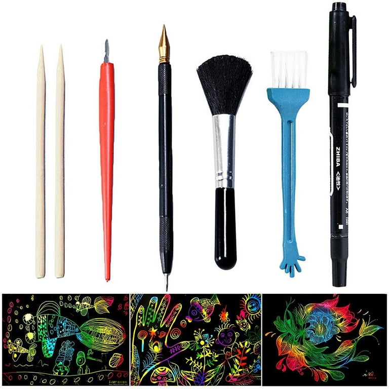 7PCS Scratch Art Tools Set with Bamboo Sticks Scraper Scratch Pen Black  Brush Sketch Art Painting