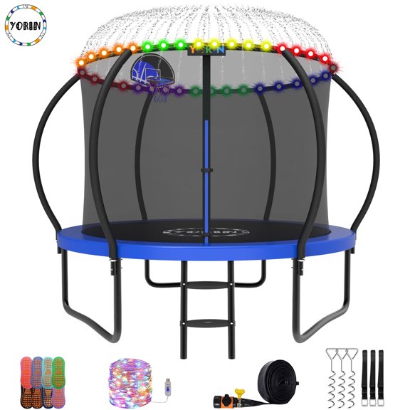YORIN Trampoline for 3-4 Kids, 10FT Trampoline for Adults with Enclosure Net, Basketball Hoop, Ladder, 1000LBS Outdoor Trampoline with Light, Sprinkler, Socks, Heavy Duty Round Trampoline