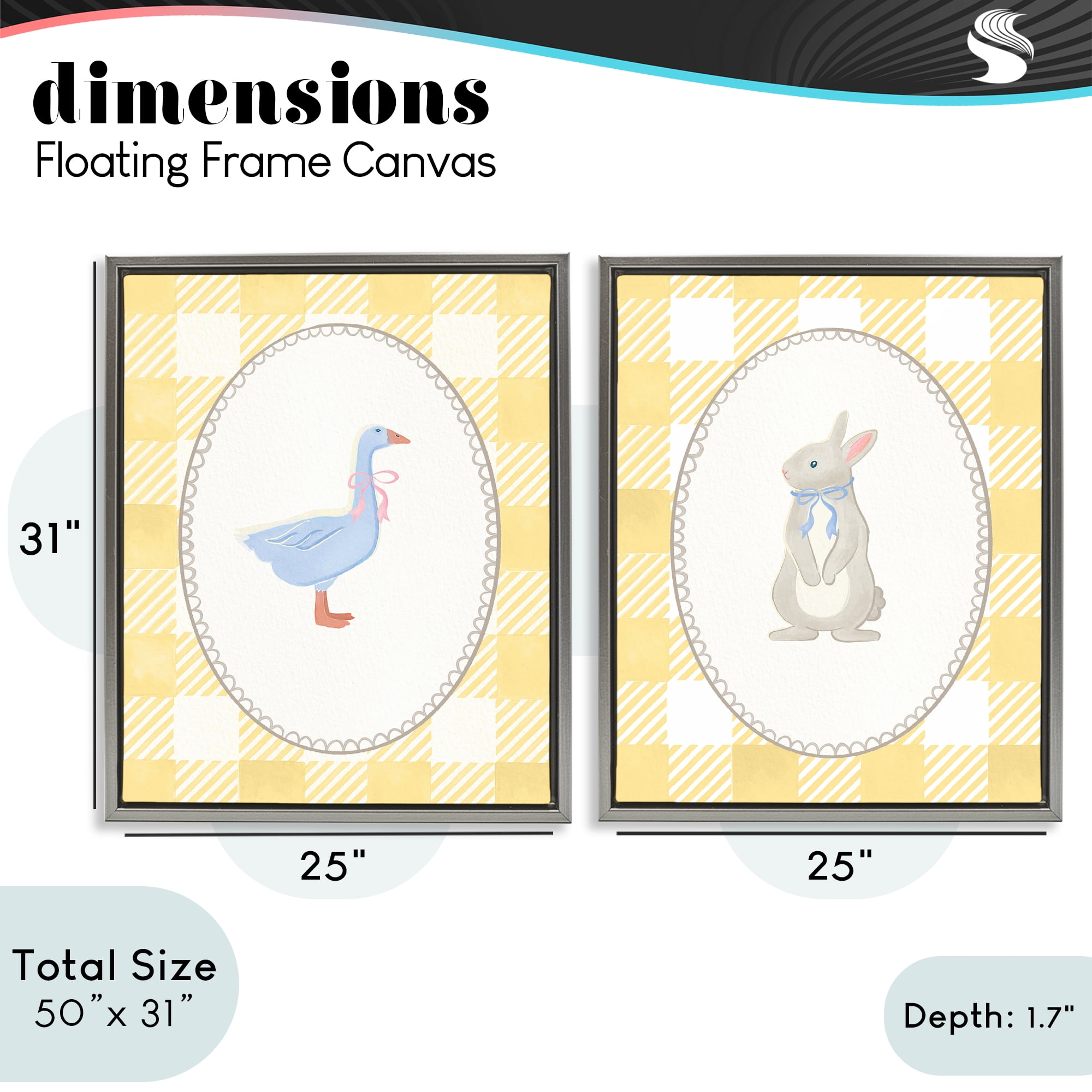 Stupell Industries Goose & Bunny Yellow Gingham 2 Piece Gray Framed Floater Canvas Set, design by The Paper Curator