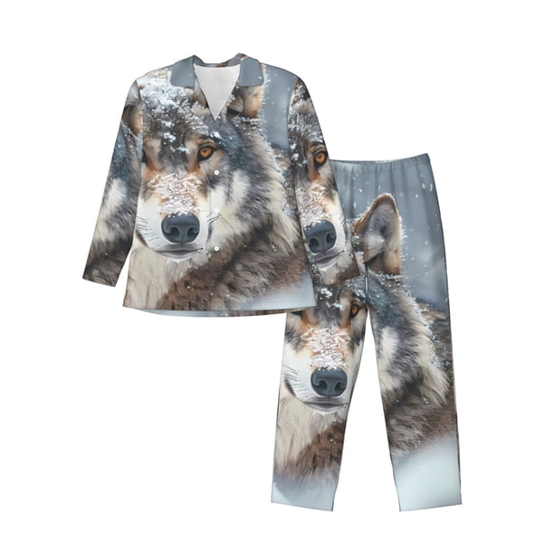 Balery Majestic Snowy Wolf Pijama para Hombre de Dos Piezas con Manga Larga, Conjunto de Dormir y Descanso Suave con Bolsillos-X-Large