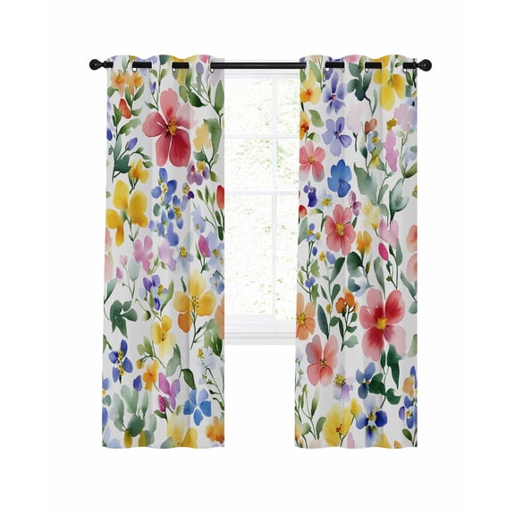 Flower Floral Blackout Curtains, Light Blocking Print Window Curtains, Colored Watercolor Spring Plant Leaf Thermal Insulated Window Drapes for Living Room Kitchen Cafe 2 Panels, 84"W x 84"L